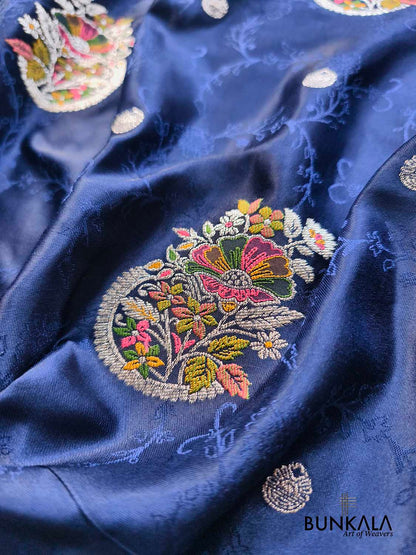 Midnight Blue Flower Meenakari Buta Banarasi Mashru Silk Saree