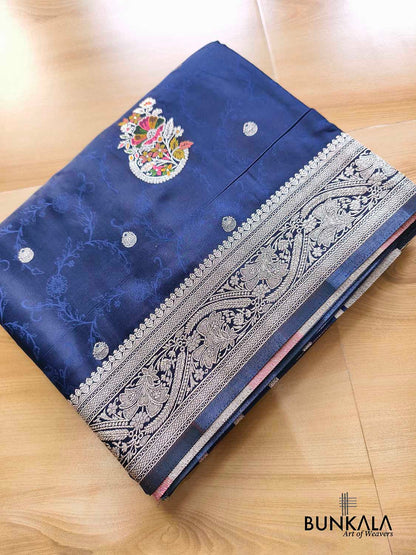 Midnight Blue Flower Meenakari Buta Banarasi Mashru Silk Saree