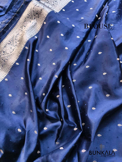 Midnight Blue Flower Meenakari Buta Banarasi Mashru Silk Saree