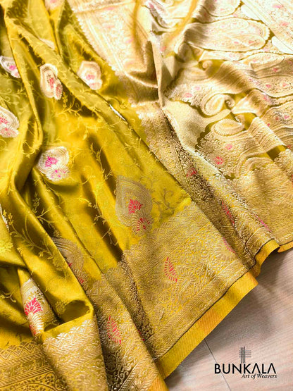 Greenish Yellow Meenakari Buta Banarasi Mashru Silk Saree