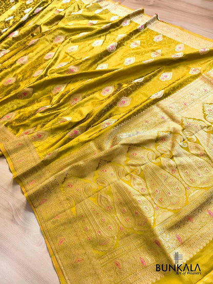 Greenish Yellow Meenakari Buta Banarasi Mashru Silk Saree