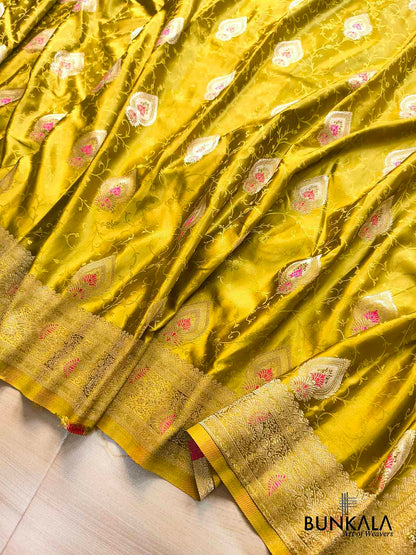 Greenish Yellow Meenakari Buta Banarasi Mashru Silk Saree