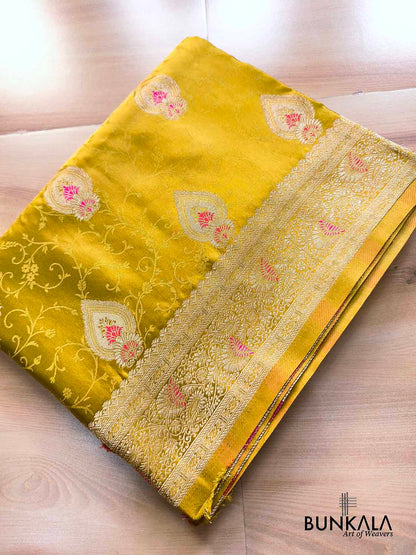 Greenish Yellow Meenakari Buta Banarasi Mashru Silk Saree