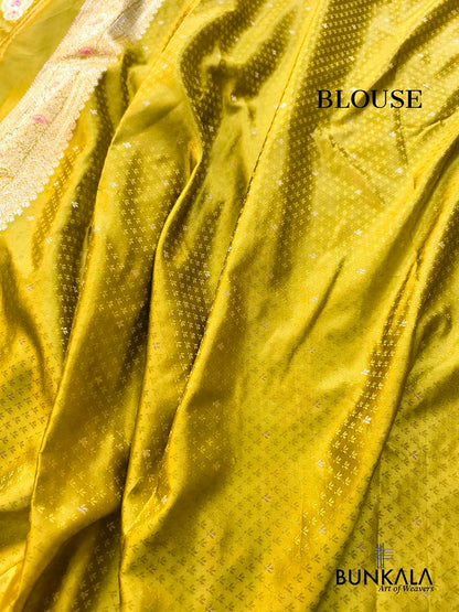 Greenish Yellow Meenakari Buta Banarasi Mashru Silk Saree
