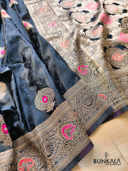 Jet Black Meena Buta Banarasi Mashru Silk Saree