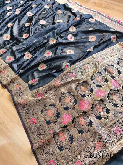 Jet Black Meena Buta Banarasi Mashru Silk Saree
