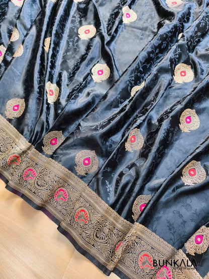 Jet Black Meena Buta Banarasi Mashru Silk Saree