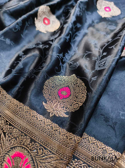 Jet Black Meena Buta Banarasi Mashru Silk Saree