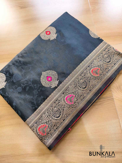 Jet Black Meena Buta Banarasi Mashru Silk Saree