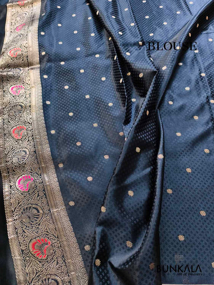 Jet Black Meena Buta Banarasi Mashru Silk Saree