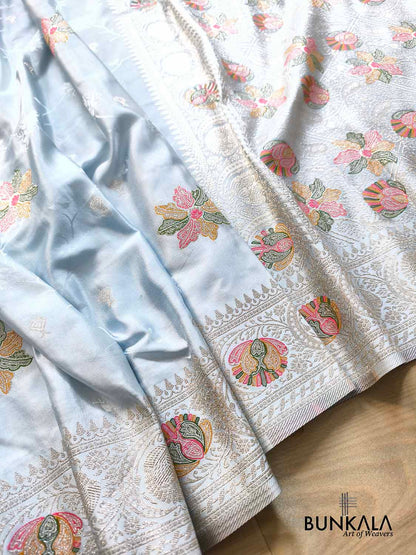 Ice Blue Flower Meena Buta Banarasi Mashru Silk Saree