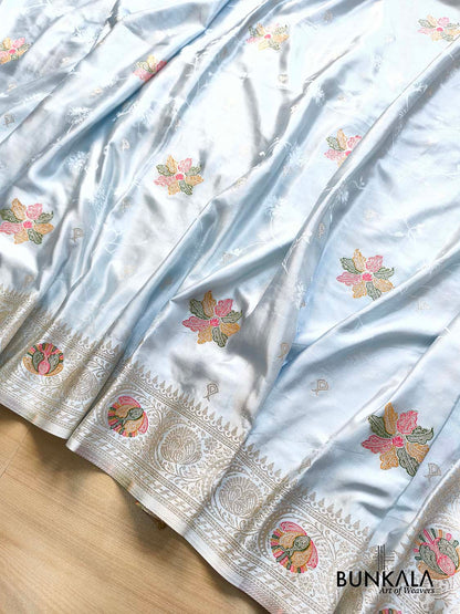 Ice Blue Flower Meena Buta Banarasi Mashru Silk Saree