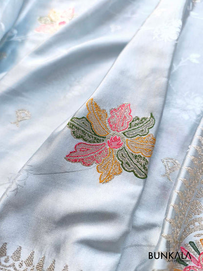 Ice Blue Flower Meena Buta Banarasi Mashru Silk Saree