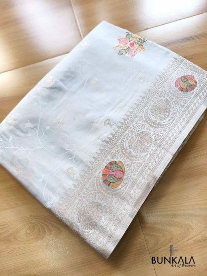Ice Blue Flower Meena Buta Banarasi Mashru Silk Saree