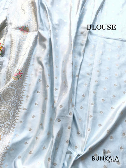 Ice Blue Flower Meena Buta Banarasi Mashru Silk Saree