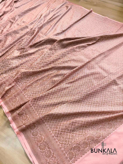 Peach Pink Brocade Antique Zari Weaved Banarasi Resham Silk Saree Floral Border