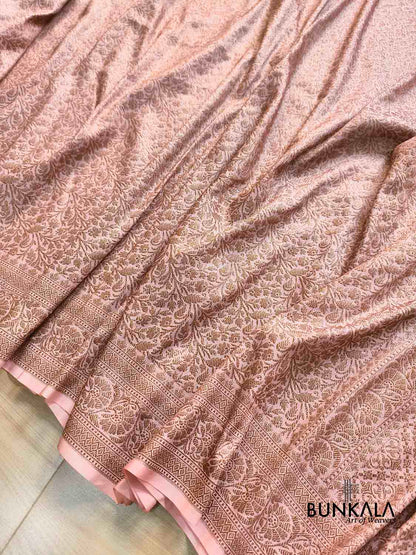 Peach Pink Brocade Antique Zari Weaved Banarasi Resham Silk Saree Floral Border