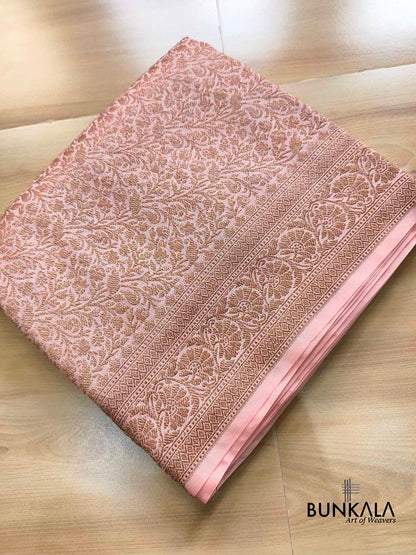 Peach Pink Brocade Antique Zari Weaved Banarasi Resham Silk Saree Floral Border