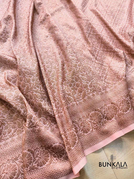 Peach Pink Brocade Antique Zari Weaved Banarasi Resham Silk Saree Floral Border