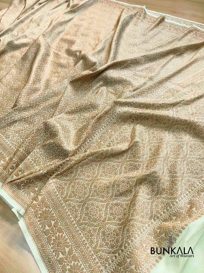 Pista Green Brocade Antique Zari Weaved Banarasi Resham Silk Saree Floral Border