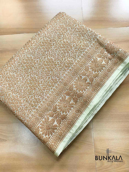 Pista Green Brocade Antique Zari Weaved Banarasi Resham Silk Saree Floral Border