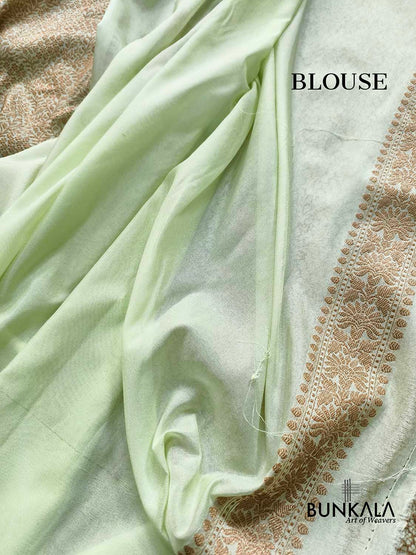 Pista Green Brocade Antique Zari Weaved Banarasi Resham Silk Saree Floral Border