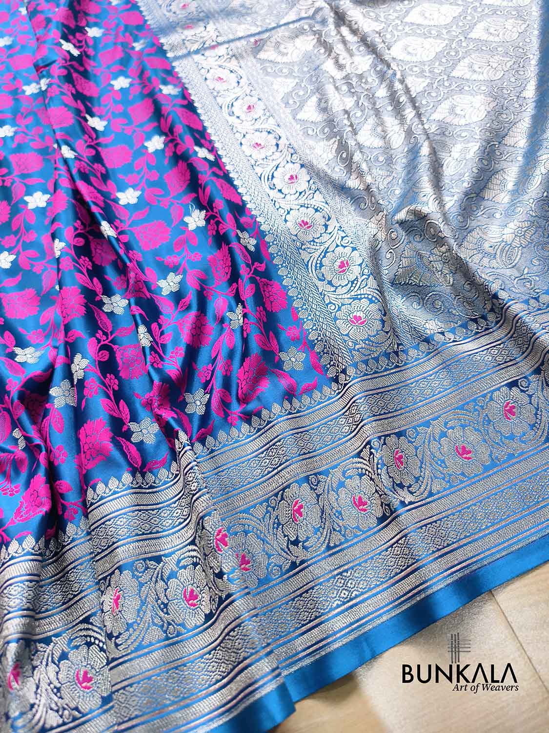 Royal Blue Jamewar Floral Weaved Banarasi Mashru Silk Saree