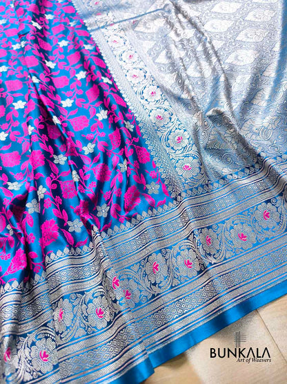 Royal Blue Jamewar Floral Weaved Banarasi Mashru Silk Saree