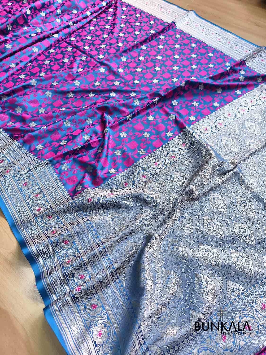 Royal Blue Jamewar Floral Weaved Banarasi Mashru Silk Saree