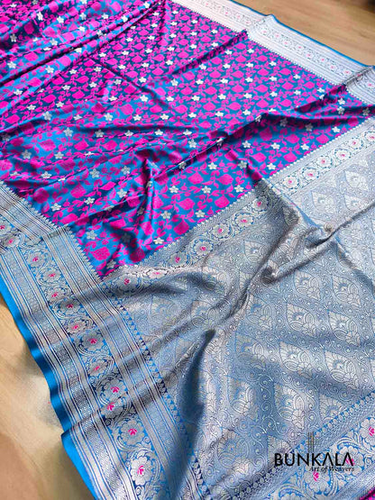 Royal Blue Jamewar Floral Weaved Banarasi Mashru Silk Saree