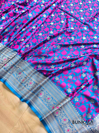 Royal Blue Jamewar Floral Weaved Banarasi Mashru Silk Saree