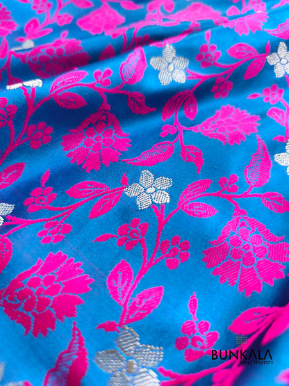 Royal Blue Jamewar Floral Weaved Banarasi Mashru Silk Saree