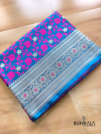 Royal Blue Jamewar Floral Weaved Banarasi Mashru Silk Saree