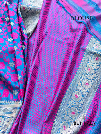 Royal Blue Jamewar Floral Weaved Banarasi Mashru Silk Saree