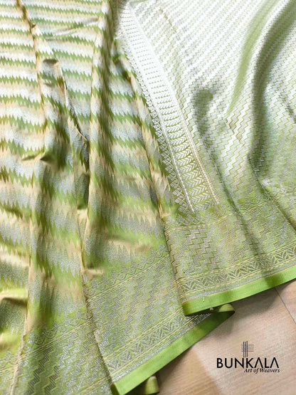 Pistachio Green Jamewar Weaved Geormetric Zig Zag Pattern Banarasi Mashru Silk Saree
