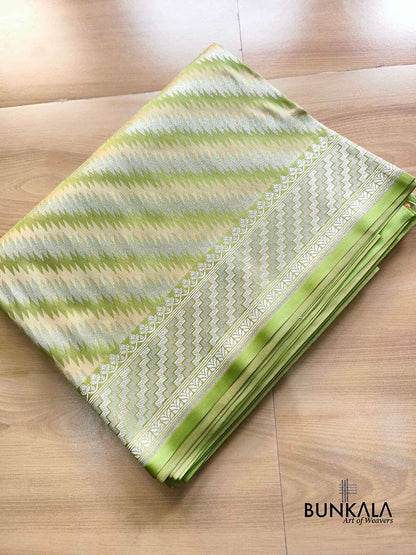 Pistachio Green Jamewar Weaved Geormetric Zig Zag Pattern Banarasi Mashru Silk Saree