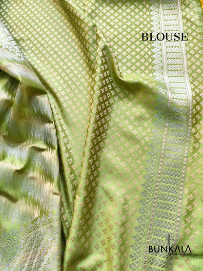 Pistachio Green Jamewar Weaved Geormetric Zig Zag Pattern Banarasi Mashru Silk Saree