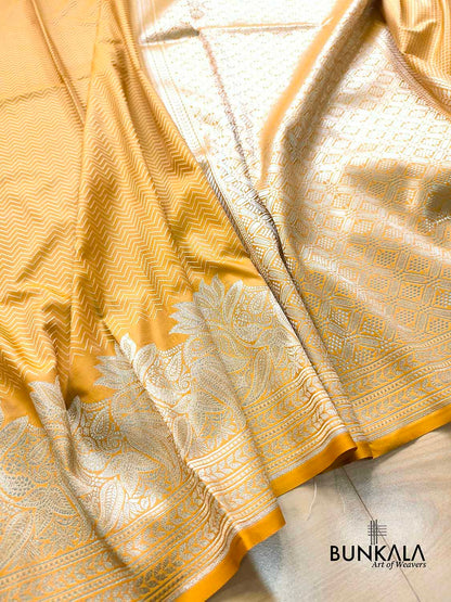 Mustard Yellow Jamewar Weaved Zig Zag Pattern Banarasi Mashru Silk Saree