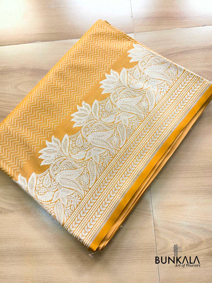 Mustard Yellow Jamewar Weaved Zig Zag Pattern Banarasi Mashru Silk Saree