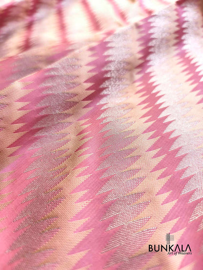 Salmon Pink Jamewar Weaved Geormetric Zig Zag Pattern Banarasi Mashru Silk Saree