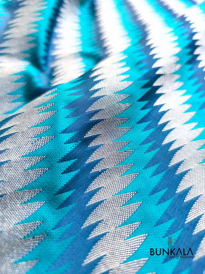 Peacock Blue Jamewar Weaved Geormetric Zig Zag Pattern Banarasi Mashru Silk Saree