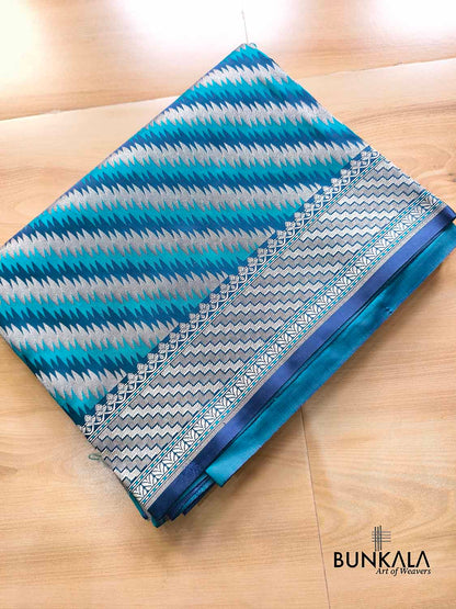 Peacock Blue Jamewar Weaved Geormetric Zig Zag Pattern Banarasi Mashru Silk Saree