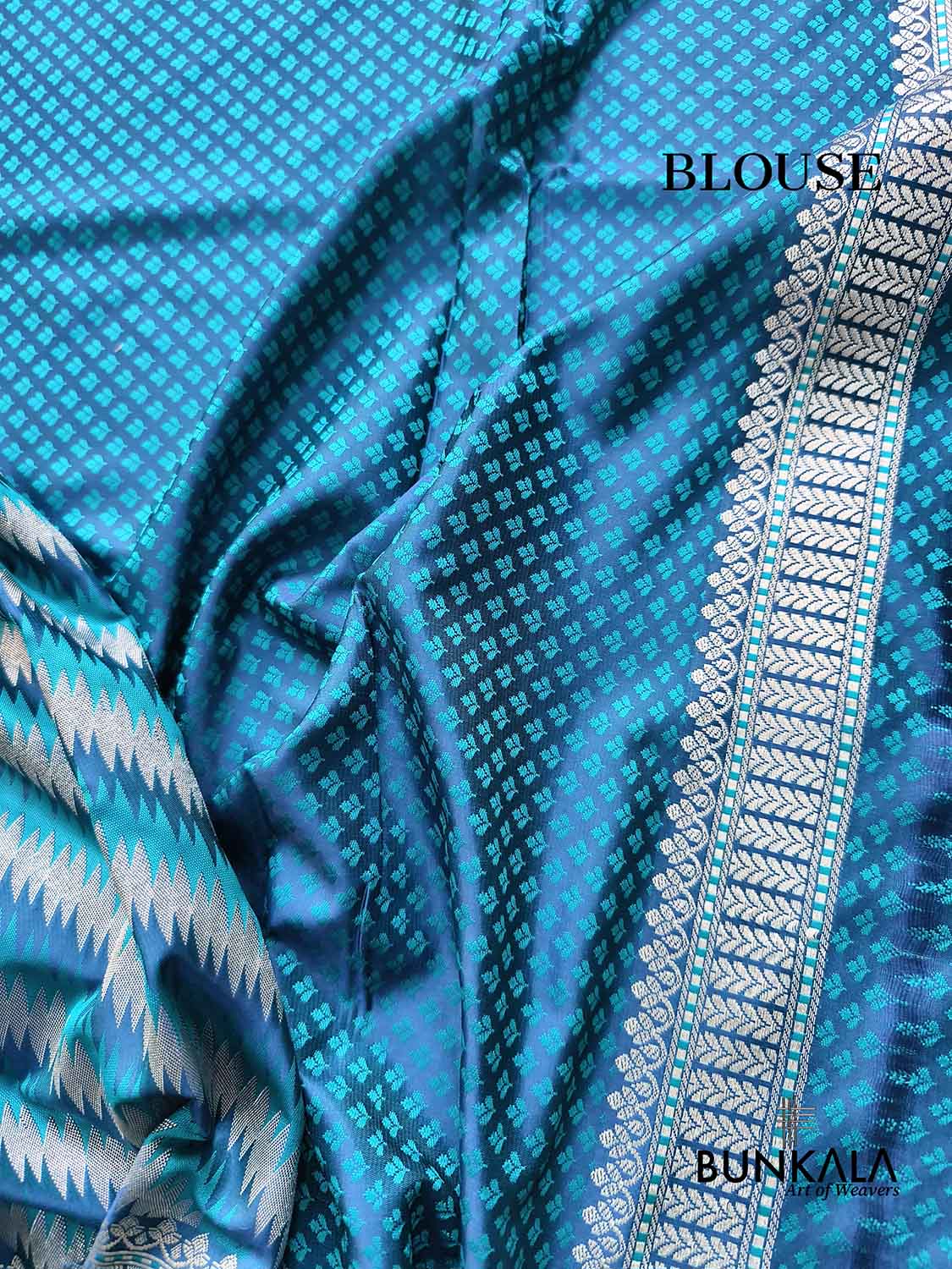 Peacock Blue Jamewar Weaved Geormetric Zig Zag Pattern Banarasi Mashru Silk Saree