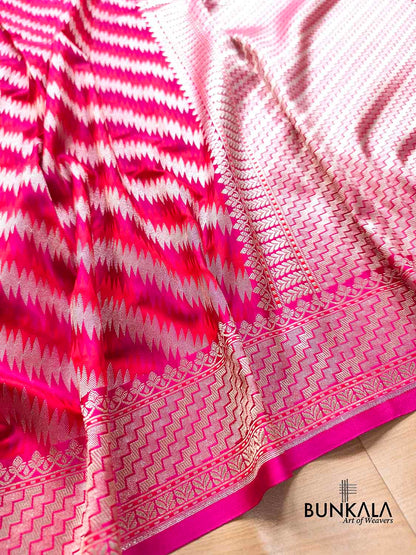 Reddish Pink Jamewar Weaved Geormetric Zig Zag Pattern Banarasi Mashru Silk Saree