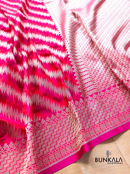 Reddish Pink Jamewar Weaved Geormetric Zig Zag Pattern Banarasi Mashru Silk Saree