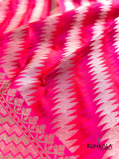 Reddish Pink Jamewar Weaved Geormetric Zig Zag Pattern Banarasi Mashru Silk Saree
