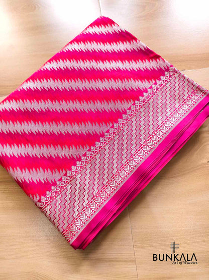 Reddish Pink Jamewar Weaved Geormetric Zig Zag Pattern Banarasi Mashru Silk Saree