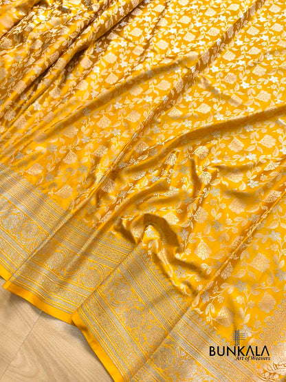 Mustard Yellow Jamewar Weaved Floral Banarasi Mashru Silk Saree