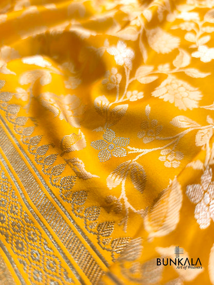 Mustard Yellow Jamewar Weaved Floral Banarasi Mashru Silk Saree