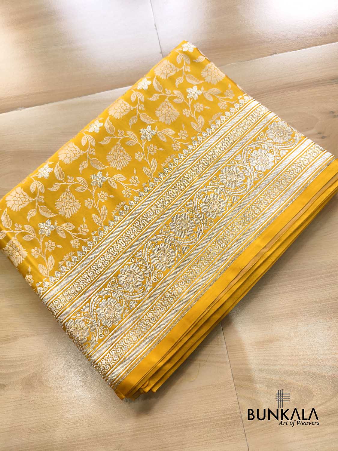 Mustard Yellow Jamewar Weaved Floral Banarasi Mashru Silk Saree